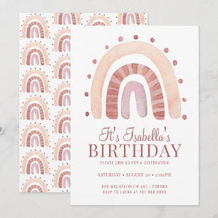 Boho Rosy Pink Brown Rainbow Kind Birthday Party Kaart
