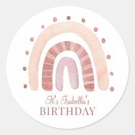Boho Rosy Pink Brown Rainbow Kind Birthday Party Ronde Sticker