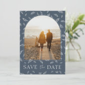 Boho Royal Blue Weelderigheid Bladeren Foto Huweli Save The Date (Staand voorkant)