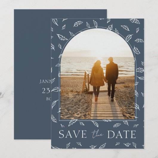 Boho Royal Blue Weelderigheid Bladeren Foto Huweli Save The Date (Voorkant / Achterkant)