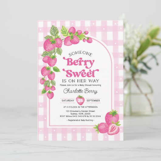 Boho roze aardbei bessen lief baby meisje douche kaart (Staand voorkant)