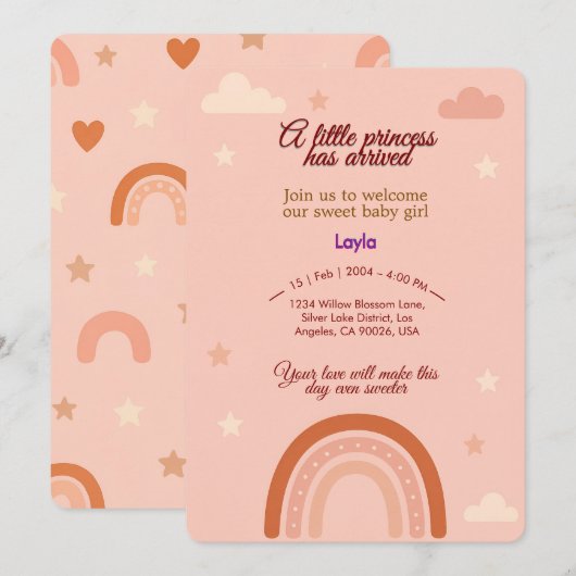 Boho Roze Baby shower Uitnodigen Kaart (Voorkant / Achterkant)