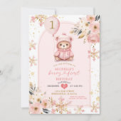 Boho Roze Beary Eerste Winter Verjaardag Bloemen Kaart (Voorkant)