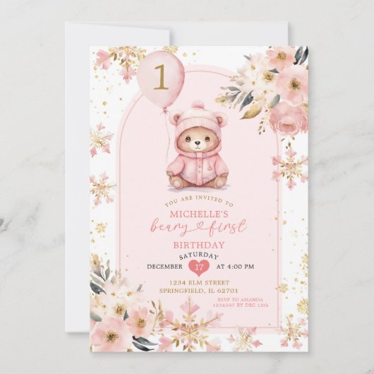 Boho Roze Beary Eerste Winter Verjaardag Bloemen Kaart (Voorkant)