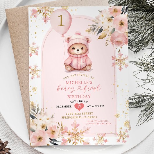 Boho Roze Beary Eerste Winter Verjaardag Bloemen Kaart