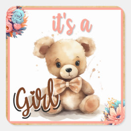 Boho Roze Beer Baby shower Vierkante Sticker