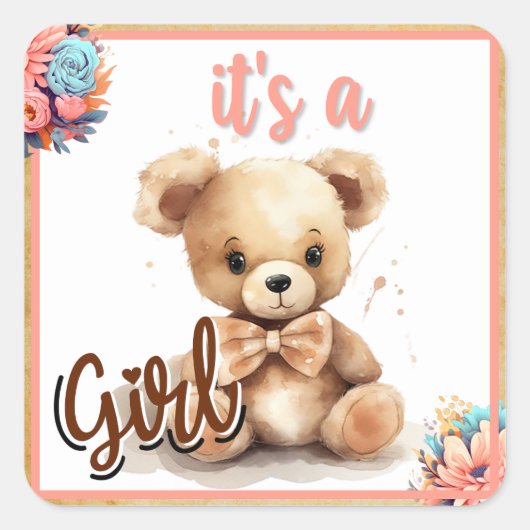 Boho Roze Beer Baby shower Vierkante Sticker (Voorkant)