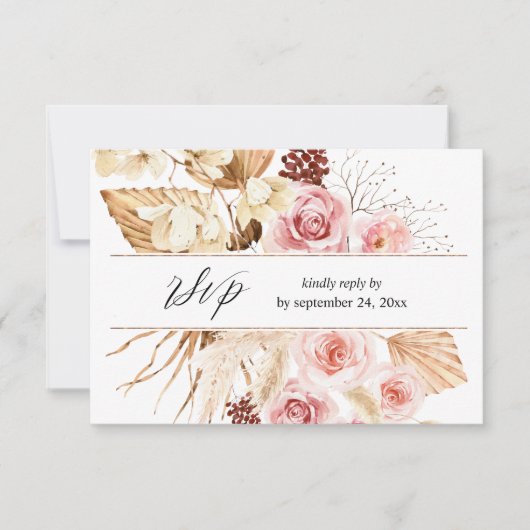 Boho Roze & Beige Bloemen Pampa's met Maaltijd RSV RSVP Kaartje (Voorkant)