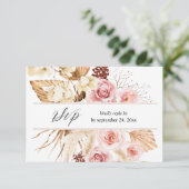 Boho Roze & Beige Bloemen Pampa's met Maaltijd RSV RSVP Kaartje (Staand voorkant)