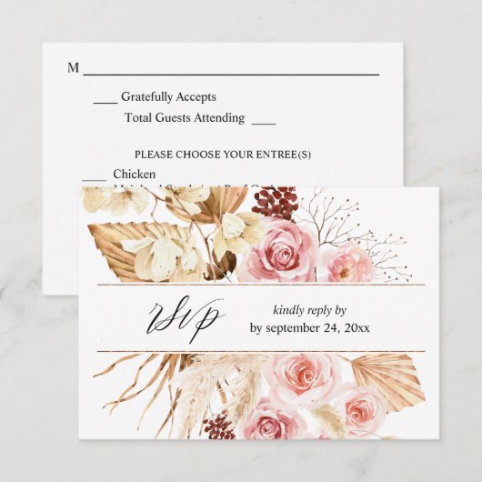 Boho Roze & Beige Bloemen Pampa's met Maaltijd RSV RSVP Kaartje (Voorkant / Achterkant)