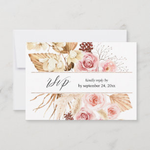 Boho Roze & Beige Bloemen Pampa's met Maaltijd RSV RSVP Kaartje