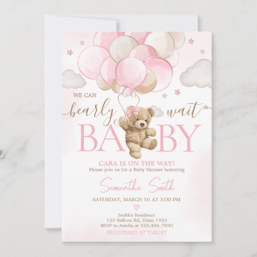 Boho roze Beren ballon Baby shower Kaart (Voorkant)