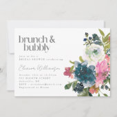 Boho roze blauw bloemenbruids brunch bubbeldouche kaart (Voorkant)