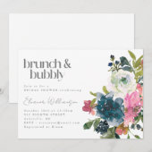 Boho roze blauw bloemenbruids brunch bubbeldouche kaart (Voorkant / Achterkant)