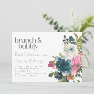 Boho roze blauw bloemenbruids brunch bubbeldouche kaart