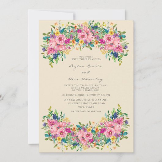 Boho Roze Blauw Gele Bloemen Bruiloft Kaart (Voorkant)