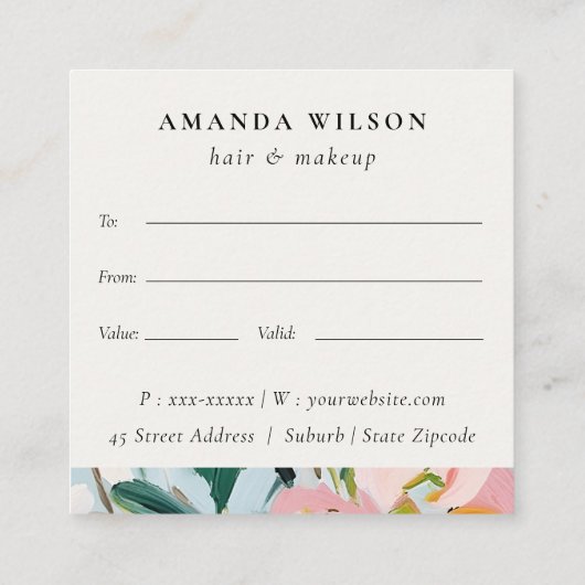 Boho Roze Blauw Geschilderde Bloemen Cadeaubon Vierkante Visitekaartje (Achterkant)
