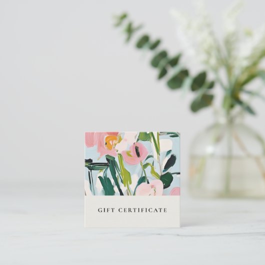Boho Roze Blauw Geschilderde Bloemen Cadeaubon Vierkante Visitekaartje (Staand voorkant)