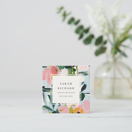 Boho Roze Blauw Groen Geschilderd Bloemen Review V Vierkante Visitekaartje (Staand voorkant)