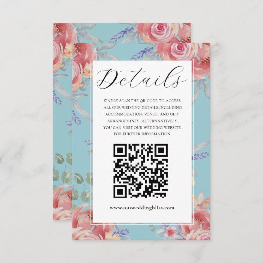 Boho Roze & Blauwe Bloemen Waterverf Trouwdetails Informatiekaartje (Voorkant / Achterkant)