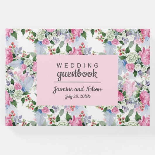 Boho roze blauwe bloemen Weddenschap Gepersonalise Gastenboek (Voorkant)