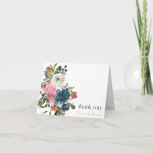 Boho Roze Blauwe Bloemige Aangepaste Bruiloftsshow Bedankkaart (Voorkant)
