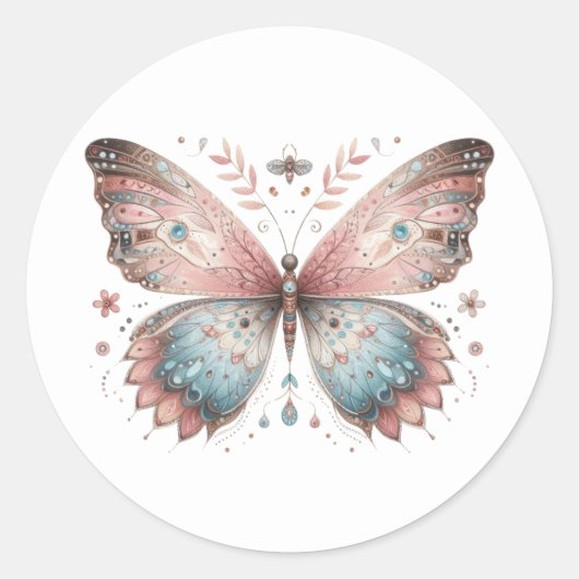 Boho Roze & Blauwe Waterverf Vlinder Ronde Sticker (Voorkant)