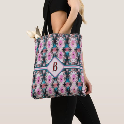 Boho Roze, Blauwgroen & Bruin Tribal Tote Bag (Dichtbij)