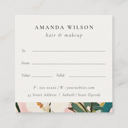 Boho Roze Blauwgroen Geschilderd Bloemen Cadeaubon Vierkante Visitekaartje (Achterkant)