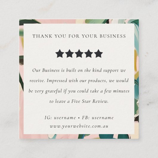 Boho Roze Blauwgroen Groen Geschilderd Bloemen Rev Vierkante Visitekaartje (Achterkant)