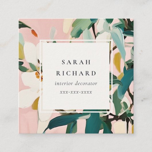 Boho Roze Blauwgroen Groen Geschilderd Bloemen Rev Vierkante Visitekaartje (Voorkant)
