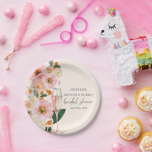 Boho Roze Bloem Champagne Brunch & Bruisend Glazuu Papieren Bordje (Feest)