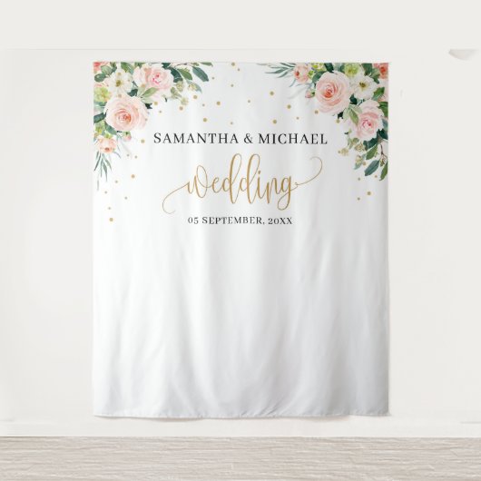 Boho roze bloem goud groene trouw achtergrond wandkleed (Voorkant)