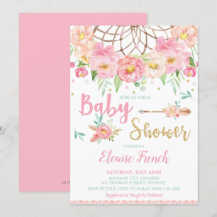 Boho Roze Bloemachtige Baby Shower Droomvanger Mei Kaart