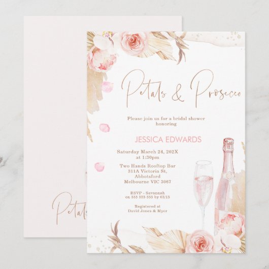 Boho Roze Bloemblaadjes Prosecco Vrijgezellenfeest Kaart (Voorkant / Achterkant)