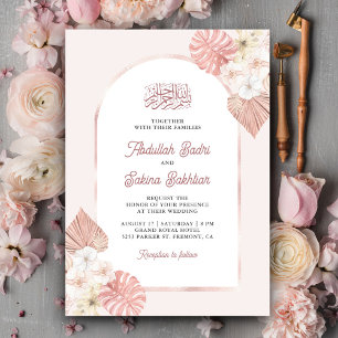 Boho Roze Bloemboog QR Code Moslim Bruiloft Kaart