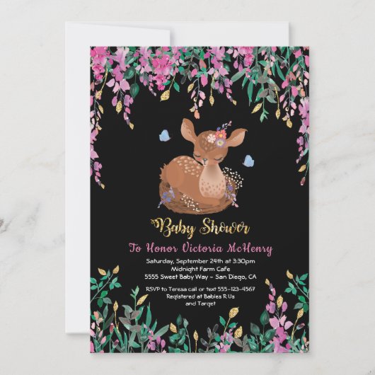 Boho Roze Bloemen Baby Herten Douche Uitnodiging (Voorkant)