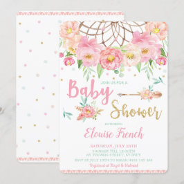 Boho Roze Bloemen Baby shower Dream Catcher Girl Kaart