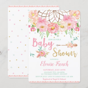 Boho Roze Bloemen Baby shower Dream Catcher Girl Kaart