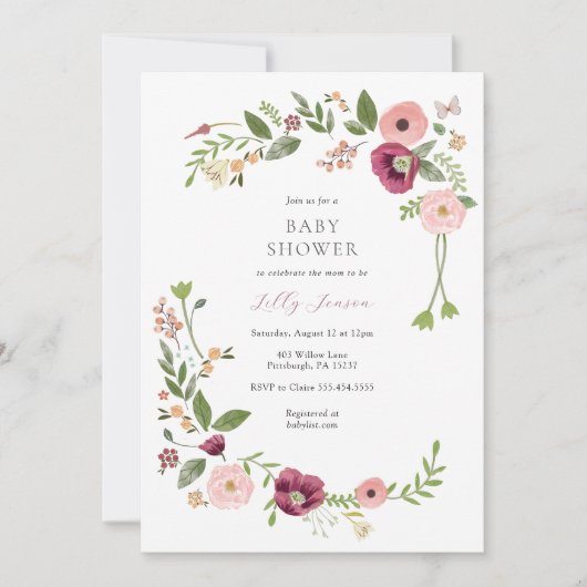  Boho Roze Bloemen Baby shower Kaart (Voorkant)