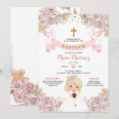 Boho Roze Bloemen Blond Klein Meisje Heilige Doop Kaart (Voorkant / Achterkant)