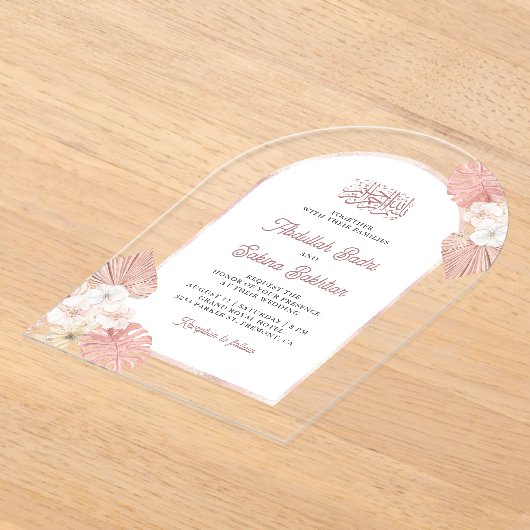 Boho Roze Bloemen Boog Moslim Huwelijk Acryl Uitnodigingen (Laagn)