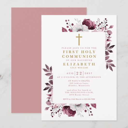 Boho Roze Bloemen Botanische Eerste Heilige Commun Kaart (Voorkant / Achterkant)