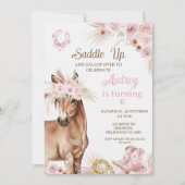 Boho Roze Bloemen Bruin Paard Zadelen Up Verjaarda Kaart (Voorkant)