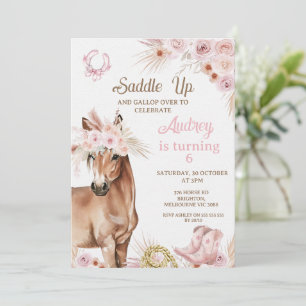 Boho Roze Bloemen Bruin Paard Zadelen Up Verjaarda Kaart