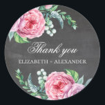 Boho roze bloemen. Chalkboard bruiloft bedankt Ronde Sticker<br><div class="desc">Chalkboard bruiloft bedankt je sticker met boho roze bloemen. Neem contact met me op als je extra objecten nodig hebt.</div>