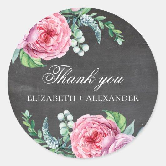 Boho roze bloemen. Chalkboard bruiloft dank u Ronde Sticker (Voorkant)