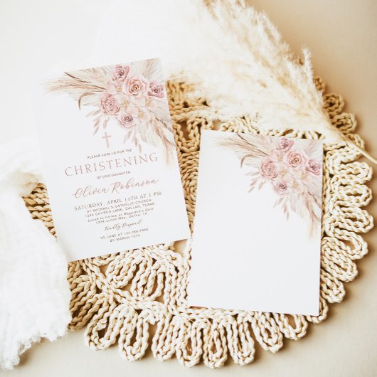 Boho Roze Bloemen Doopsel Uitnodiging