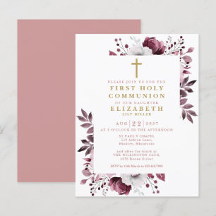 Boho Roze Bloemen Eerste Heilige Communie Uitnodig Briefkaart