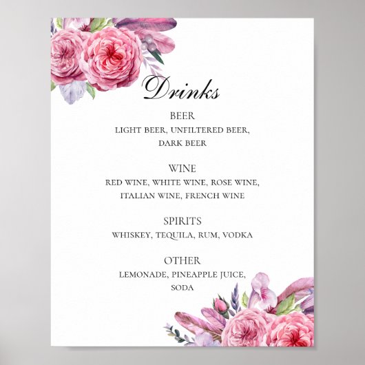 Boho roze bloemen en drink van veren bruiloft poster (Voorkant)